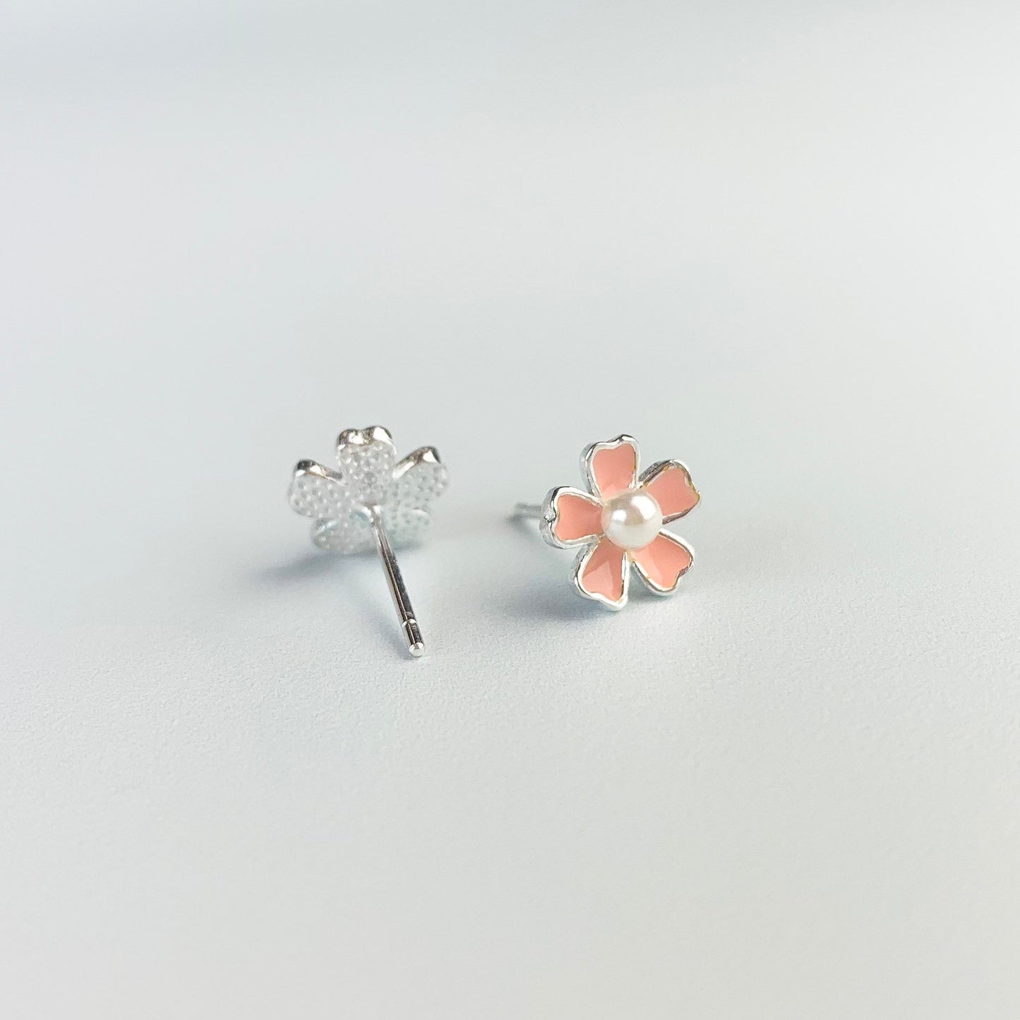 Pink Flower and Pearl Stud Earrings