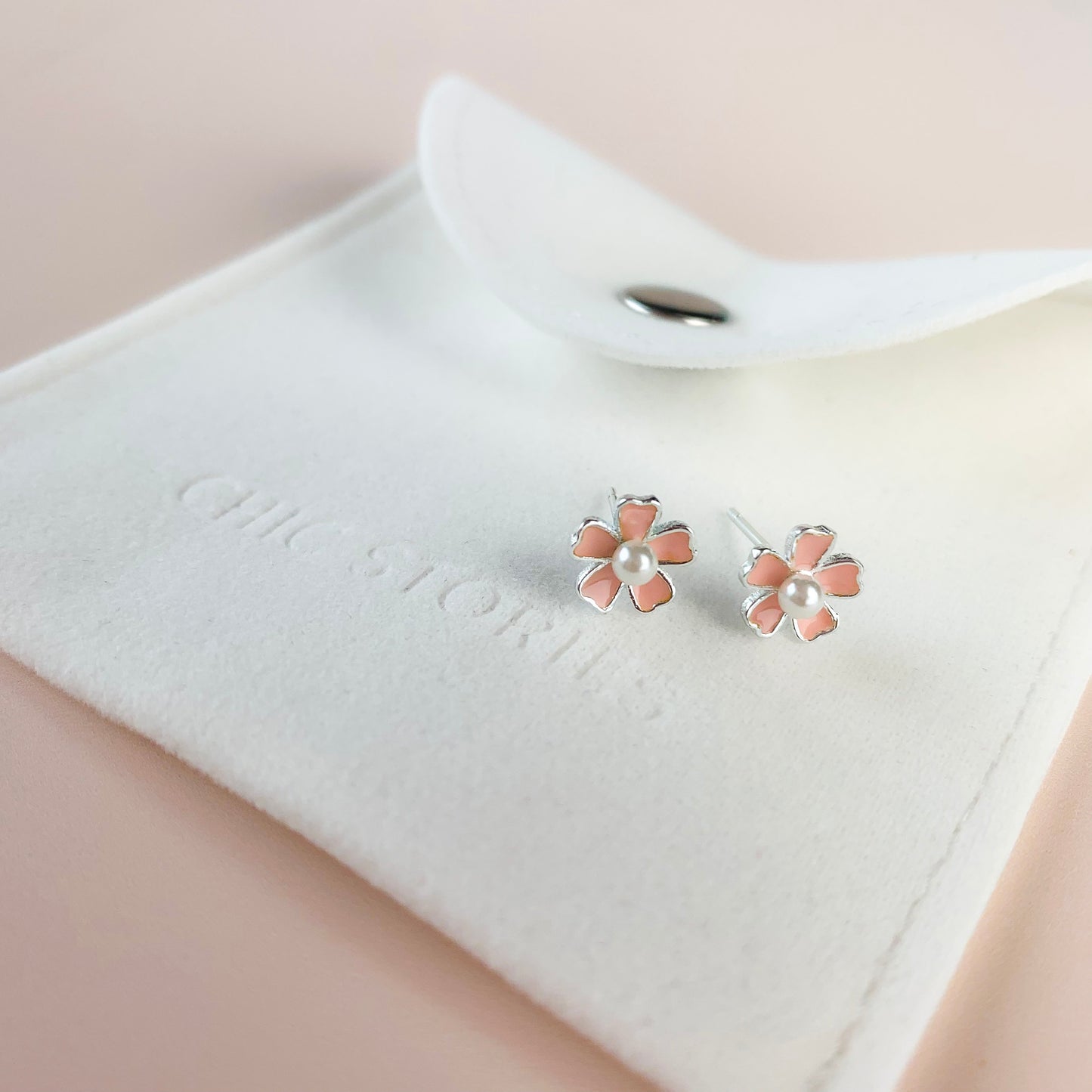 Pink Flower and Pearl Stud Earrings