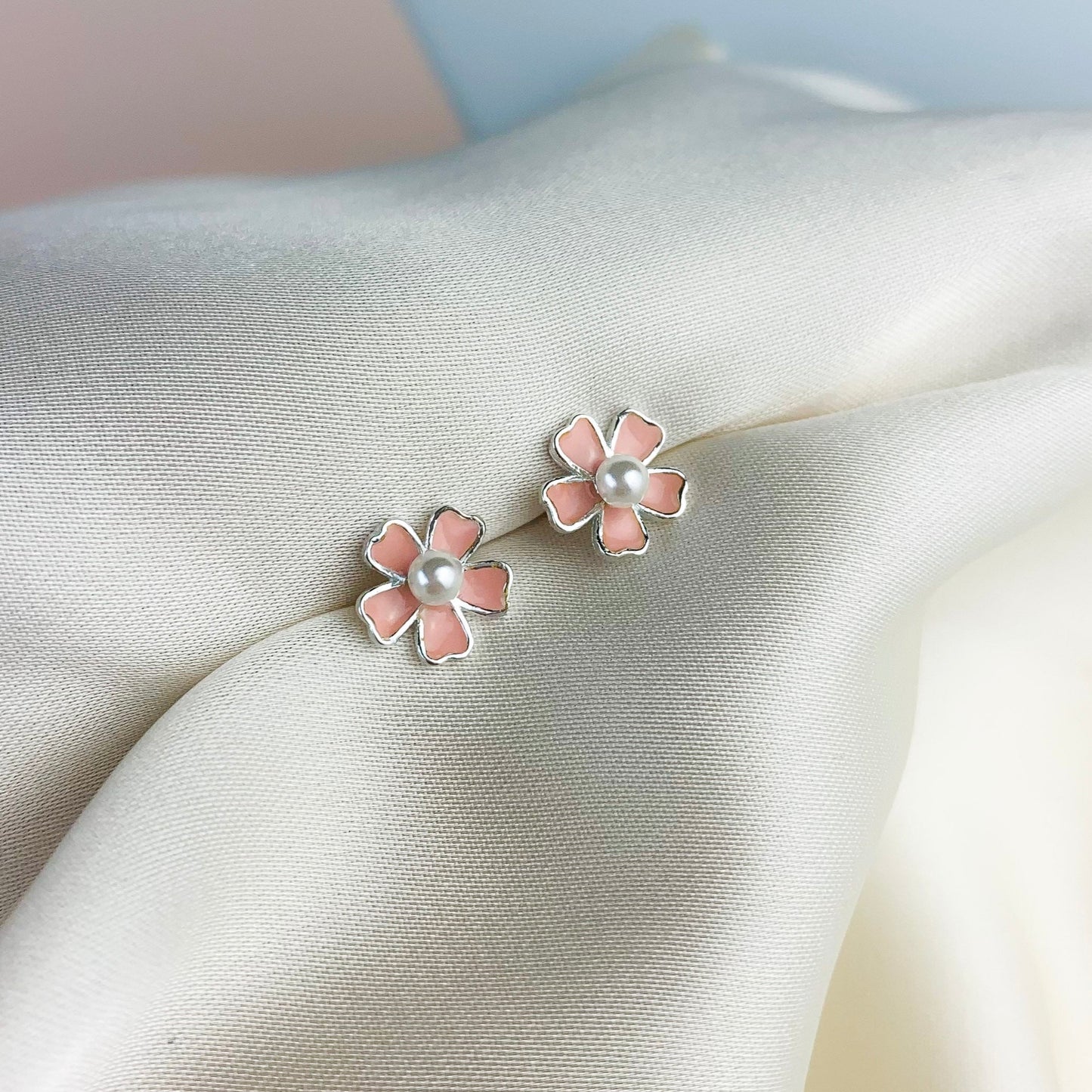 Pink Flower and Pearl Stud Earrings