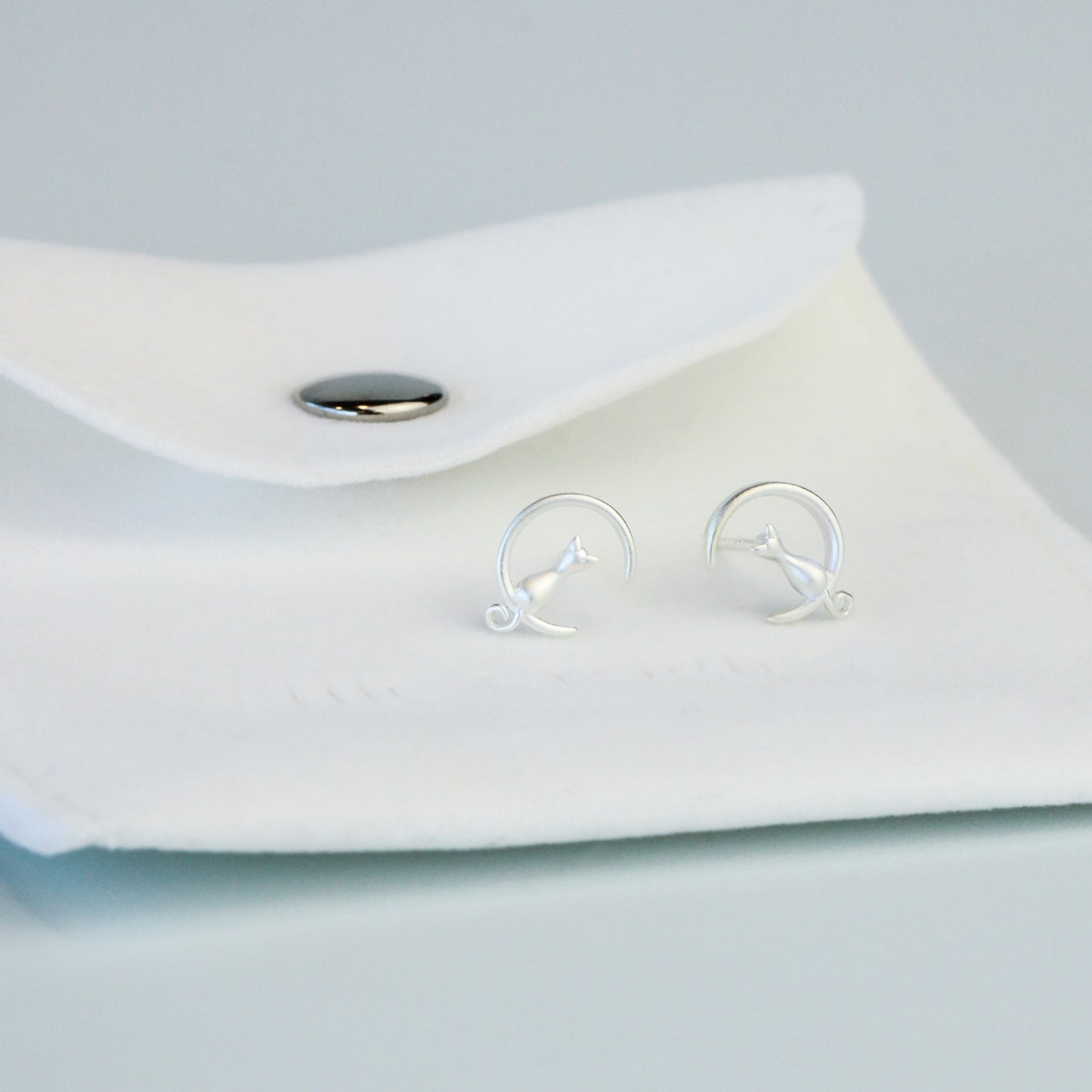 Cat and Crescent Moon Stud Earrings