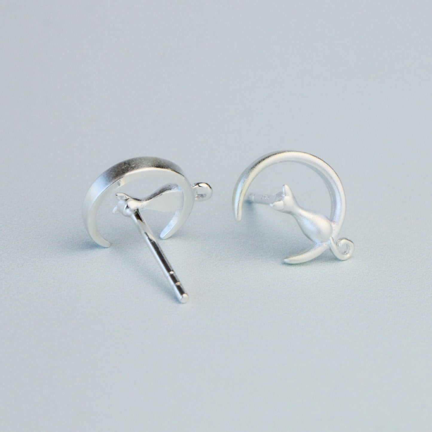 Cat and Crescent Moon Stud Earrings