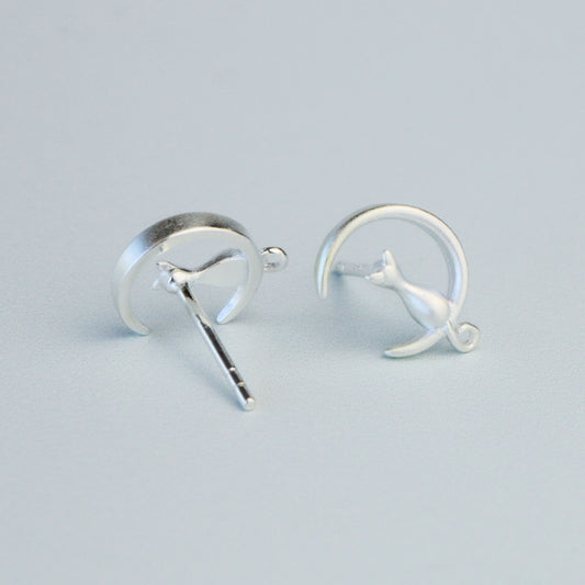 Cat and Crescent Moon Stud Earrings