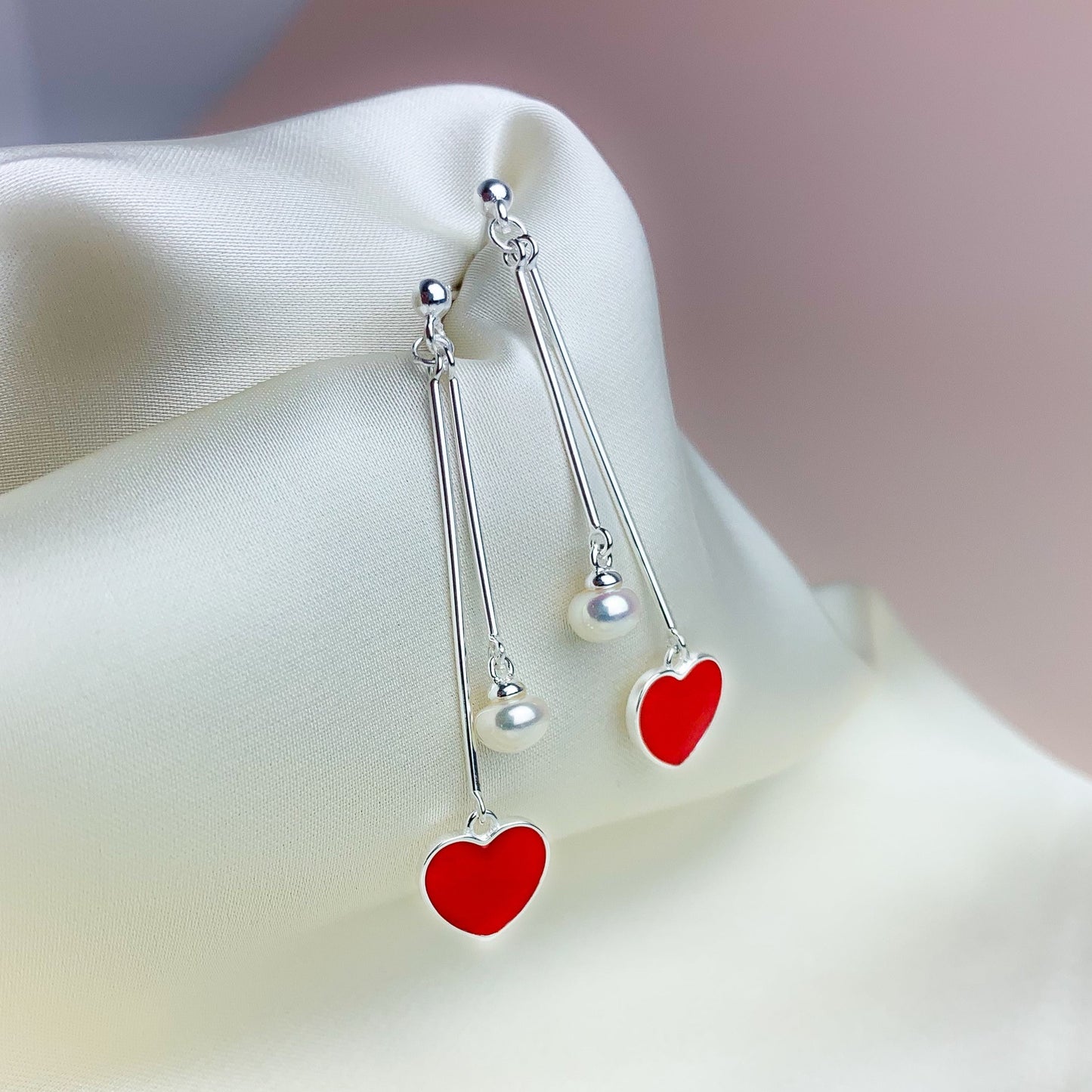 Red Heart and Pearl Dangle Earrings