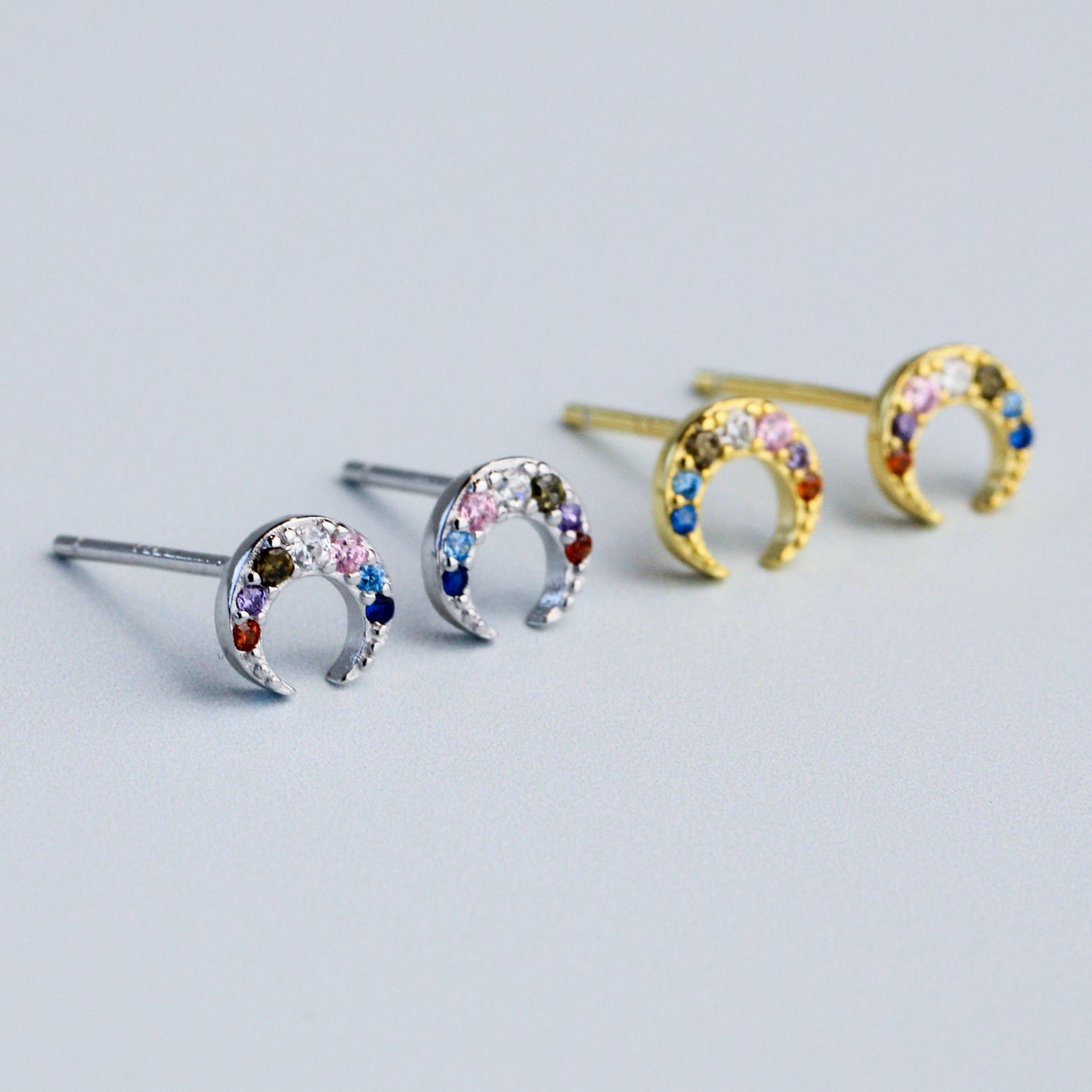 Colourful Crystal Crescent Moon Stud Earrings