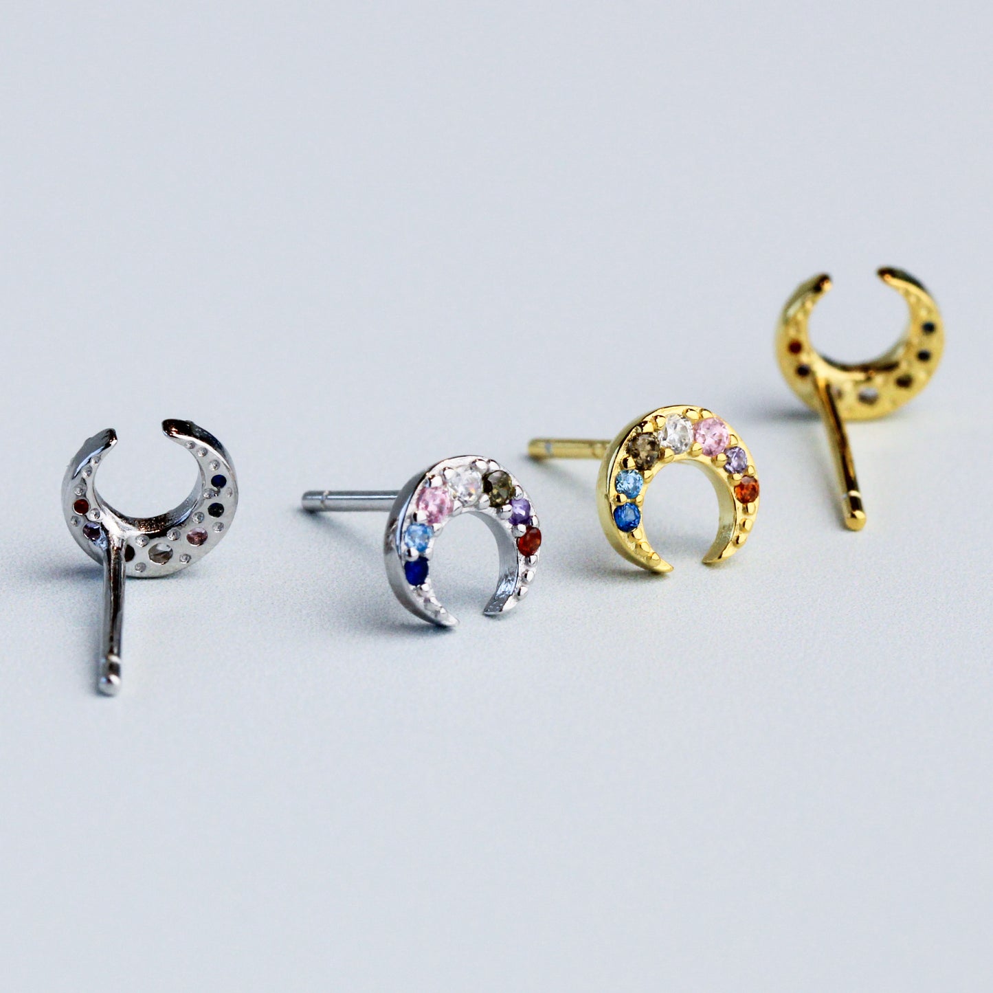 Colourful Crystal Crescent Moon Stud Earrings