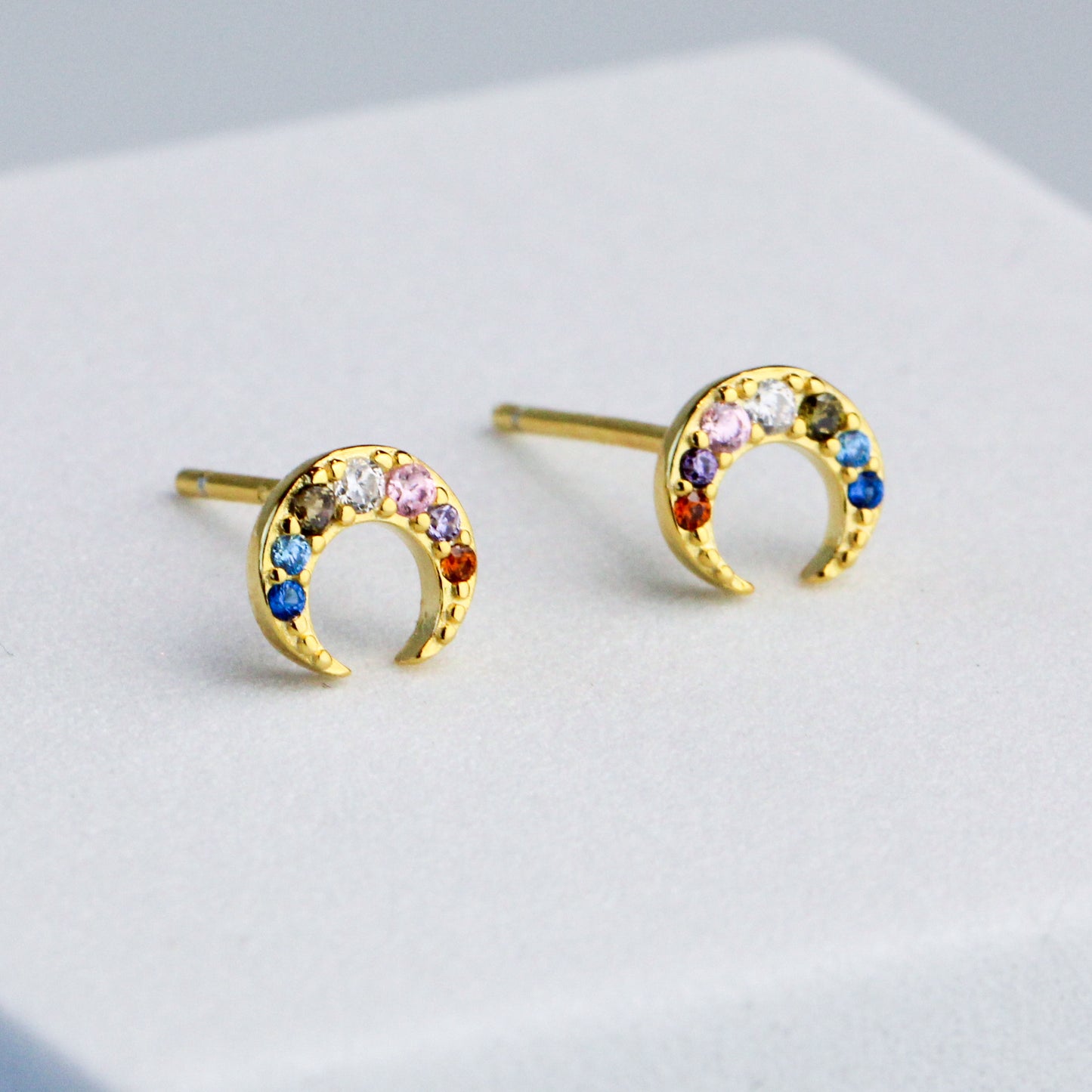 Colourful Crystal Crescent Moon Stud Earrings
