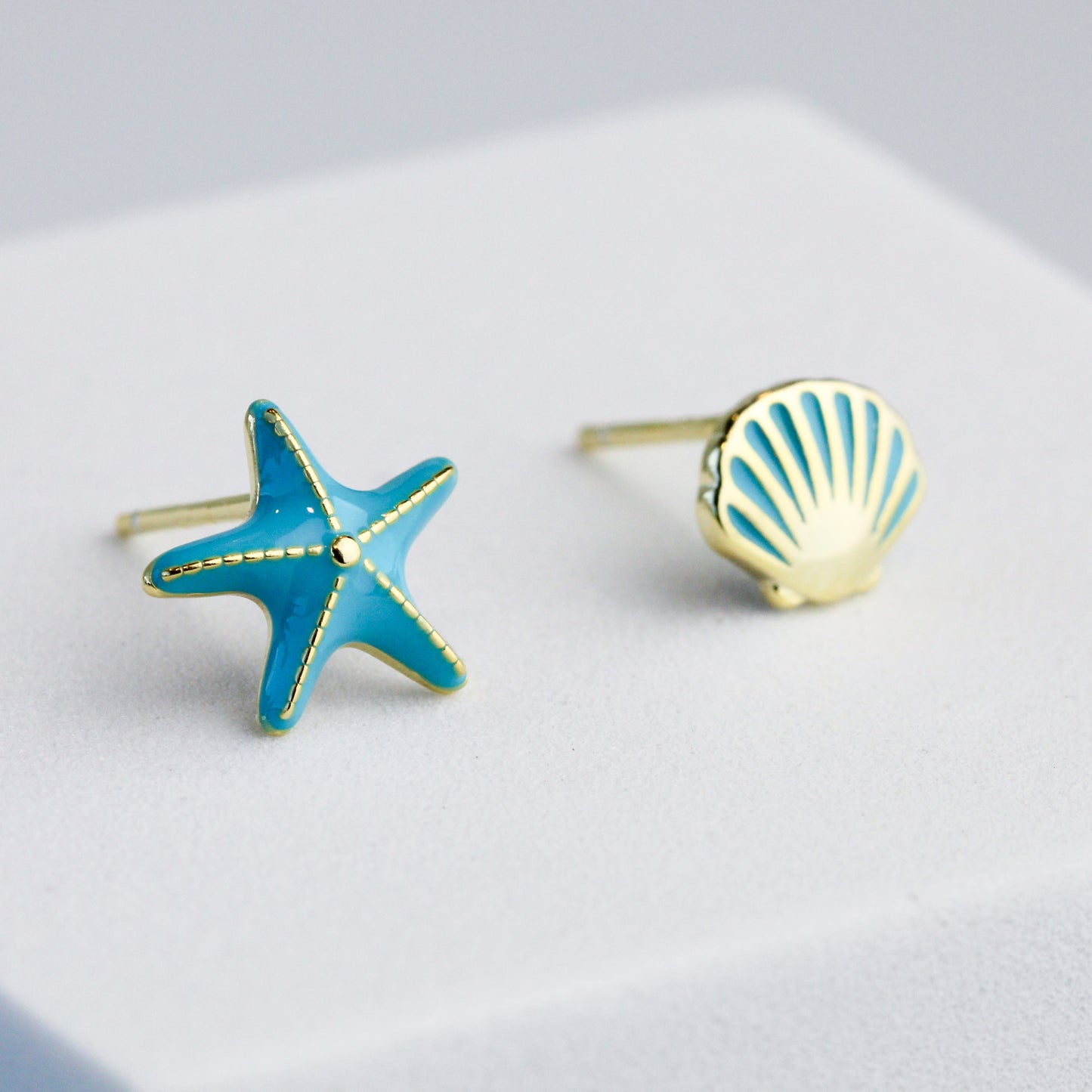 Blue Starfish and Seashell Stud Earrings