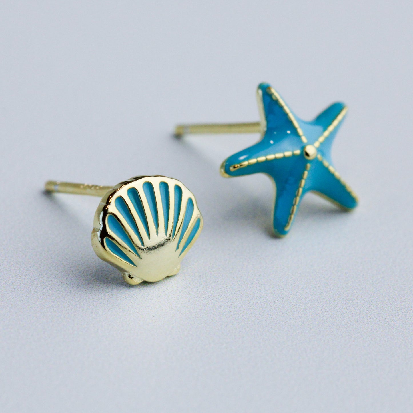 Blue Starfish and Seashell Stud Earrings
