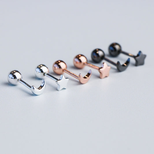 Star and Crescent Moon Screw Back Stud Earrings