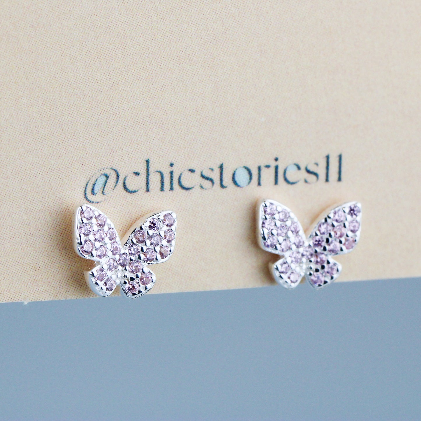 Pink Crystal Butterfly Stud Earrings