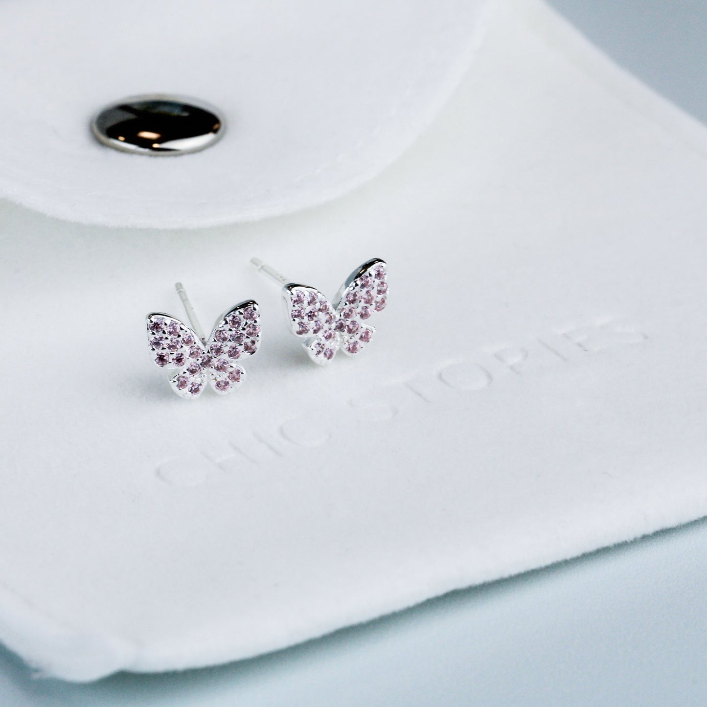 Pink Crystal Butterfly Stud Earrings
