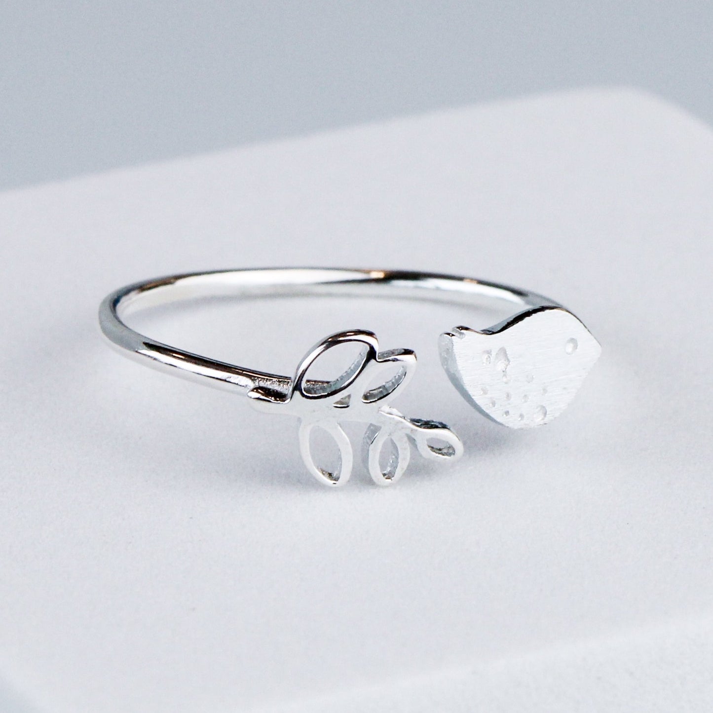 Brushed Silver Bird and Leaf Adjustable Ring