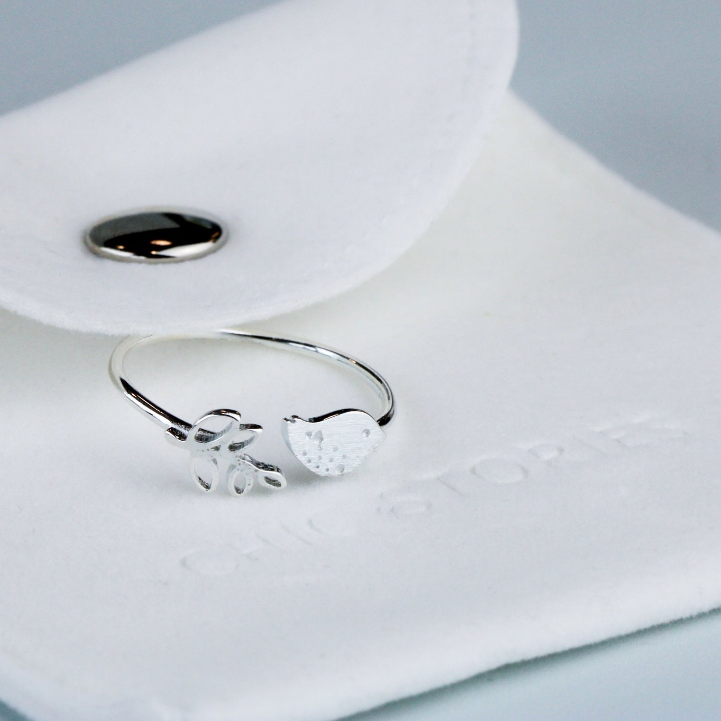 Brushed Silver Bird and Leaf Adjustable Ring