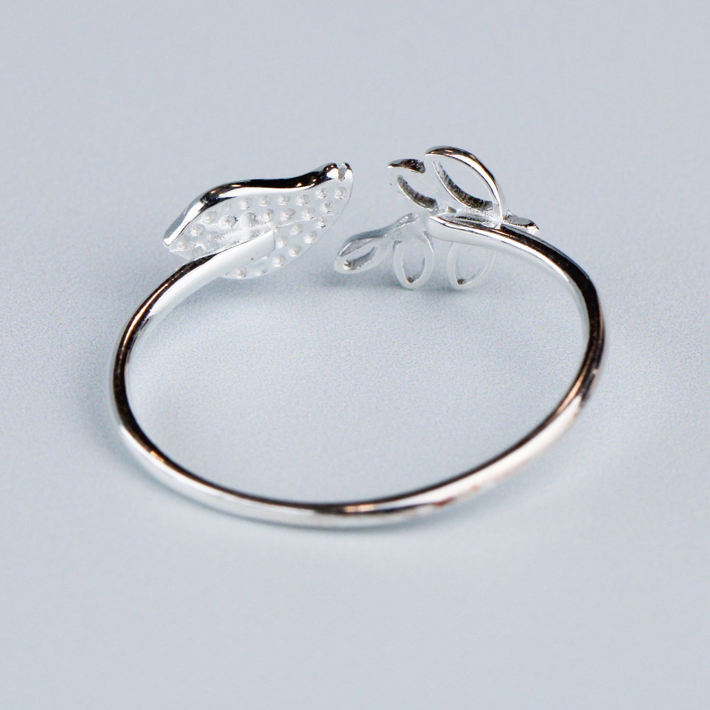Brushed Silver Bird and Leaf Adjustable Ring