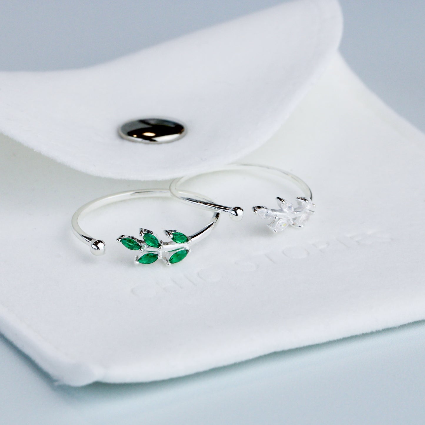 White and Green Crystal Leaf Ring