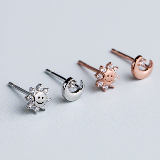 Tiny Crystal Sun and Moon Stud Earrings