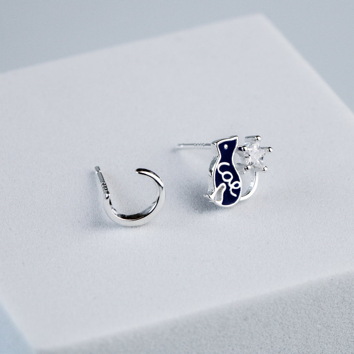 Blue Cat and Moon Stud Earrings