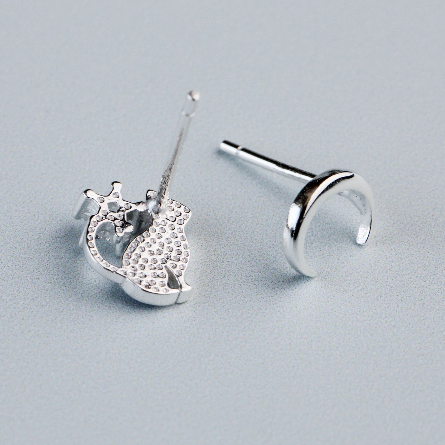 Blue Cat and Moon Stud Earrings