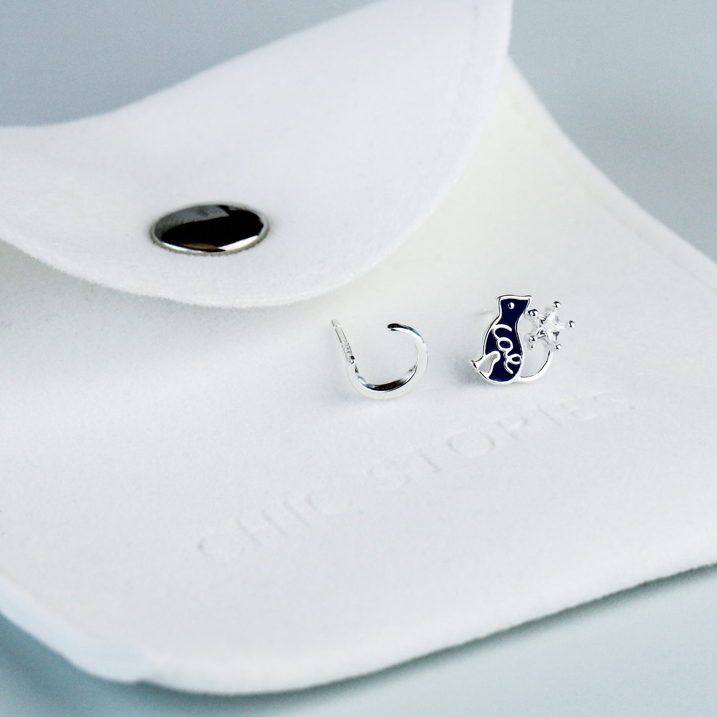 Blue Cat and Moon Stud Earrings