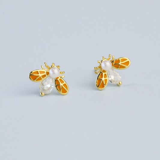 Crystal and Pearl Bee Stud Earrings