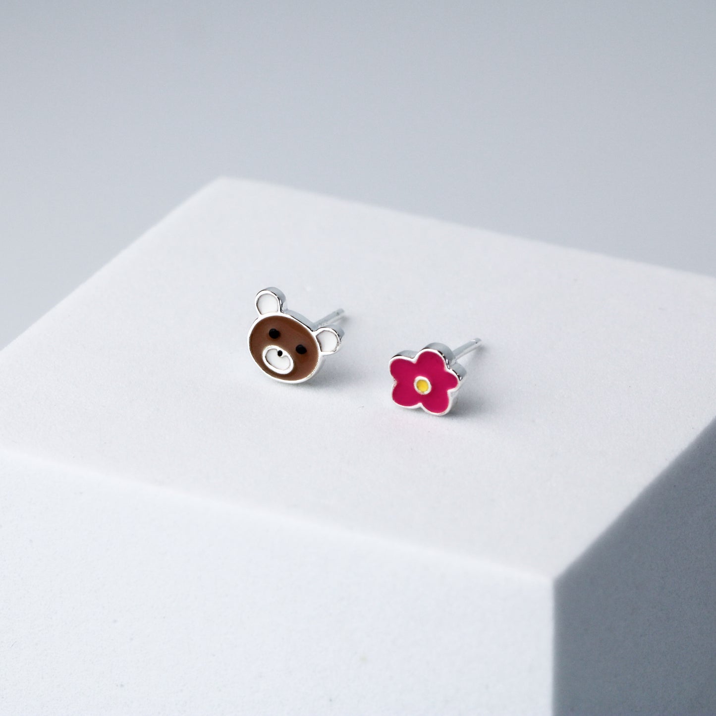 Bear and Flower Stud Earrings