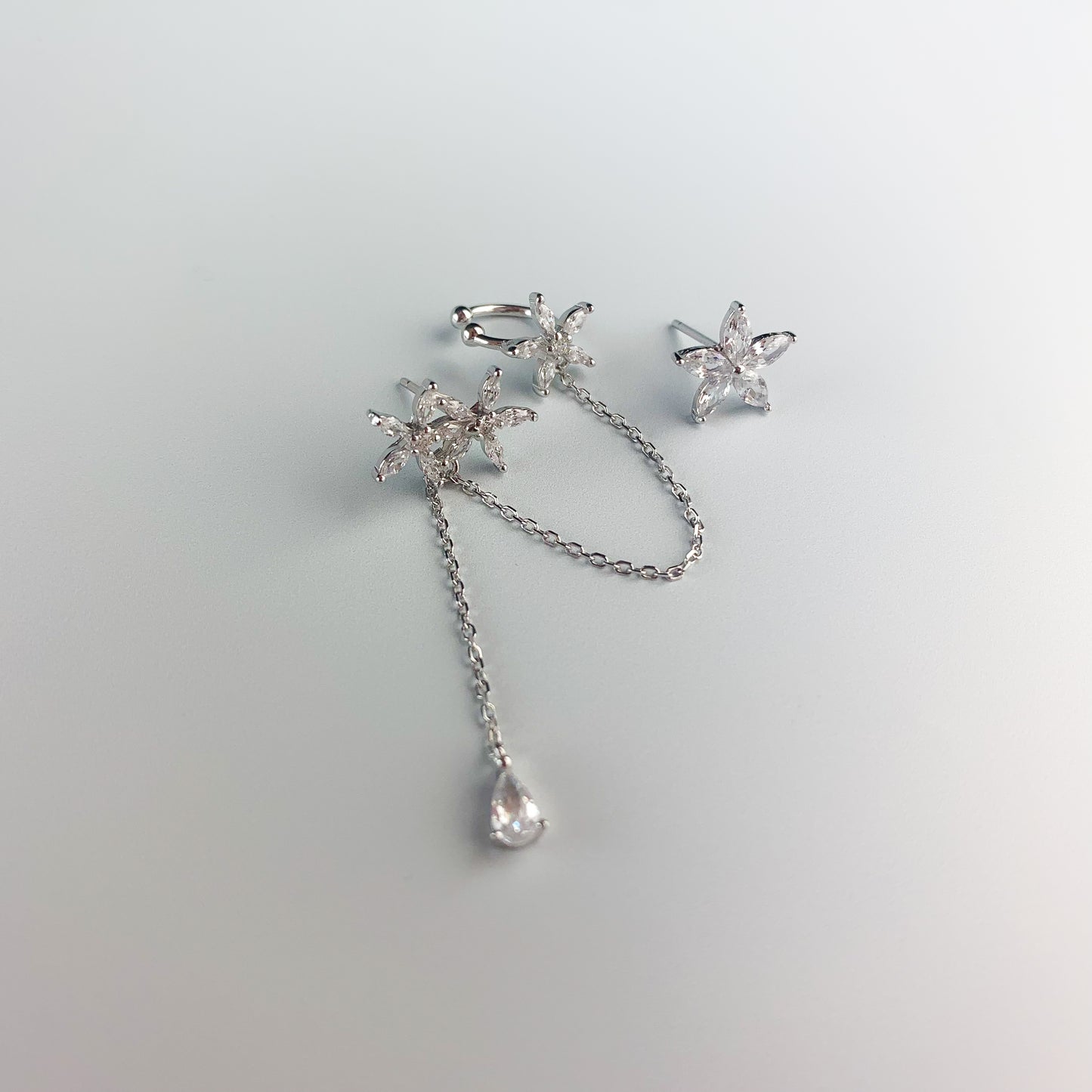 Crystal Flower Earrings With Ear Cuff