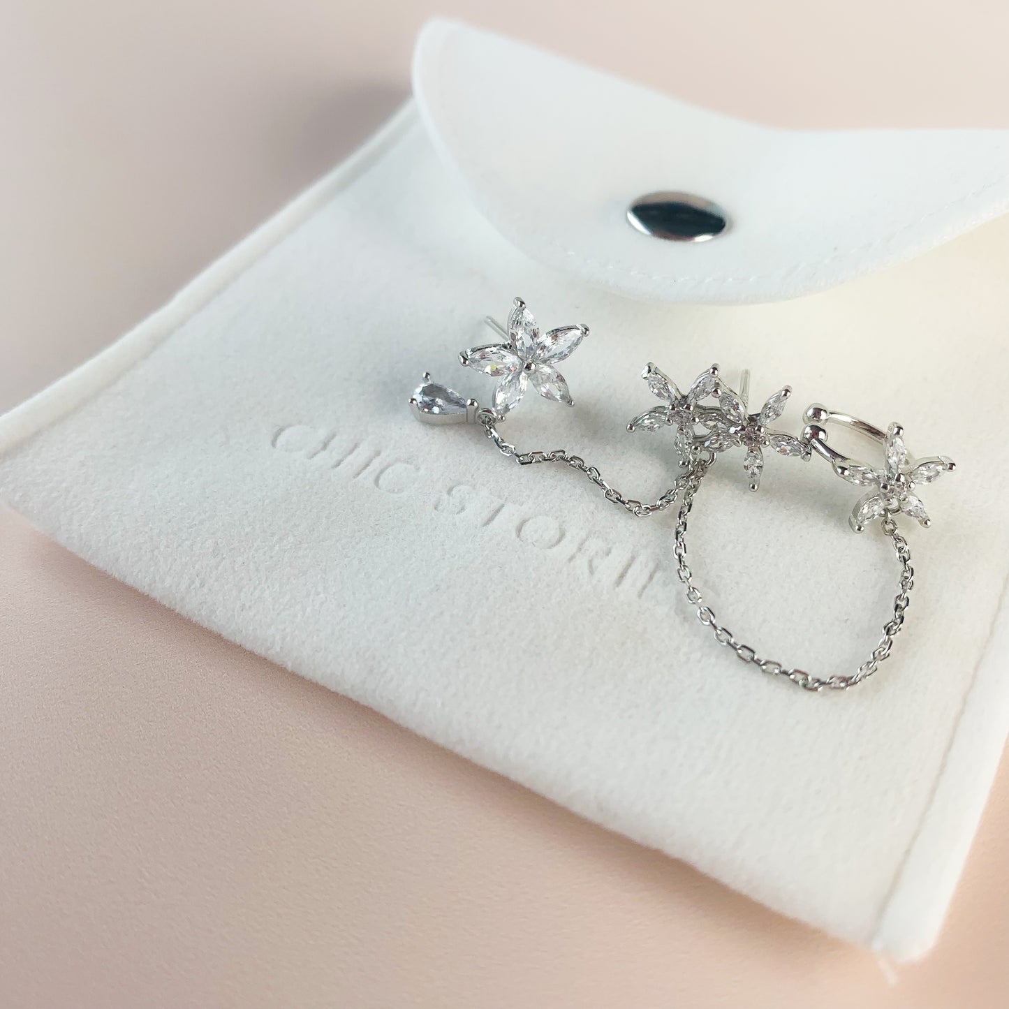 Crystal Flower Earrings With Ear Cuff