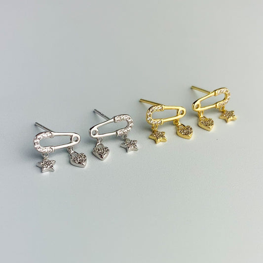 Crystal Safety Pin Stud Earrings with Dangle Charms