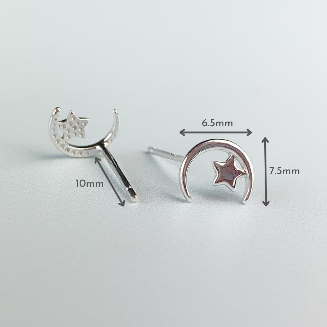 Crescent Moon and Star Stud Earrings