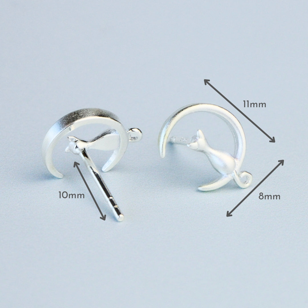 Cat and Crescent Moon Stud Earrings