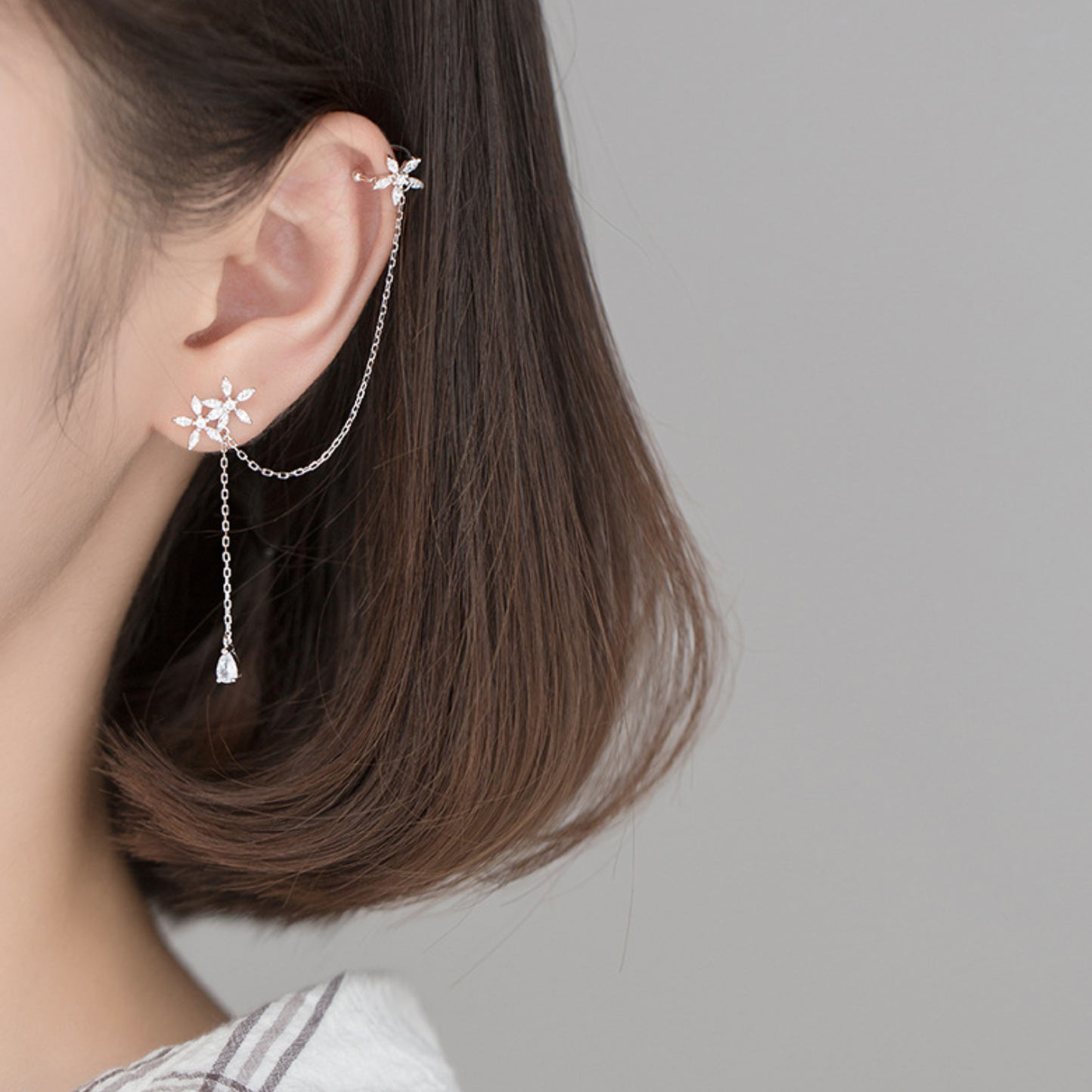 Crystal Flower Earrings With Ear Cuff
