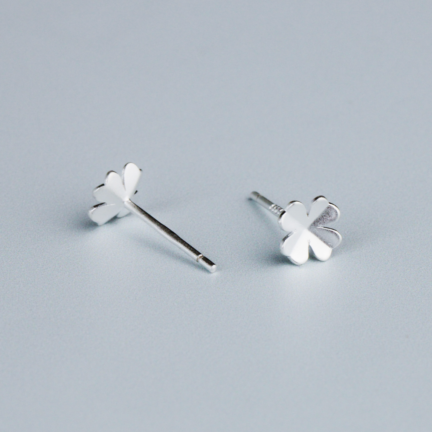 Brushed Silver Four Leaf Clover Studs