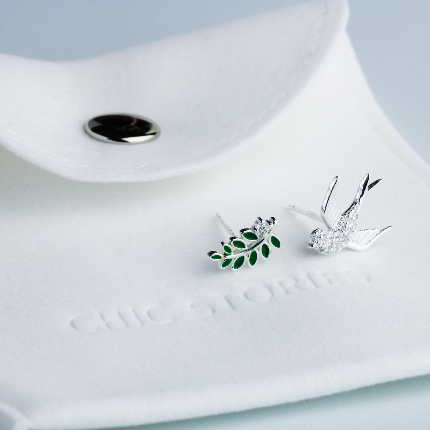 Crystal Detail Branch and Bird Stud Earrings