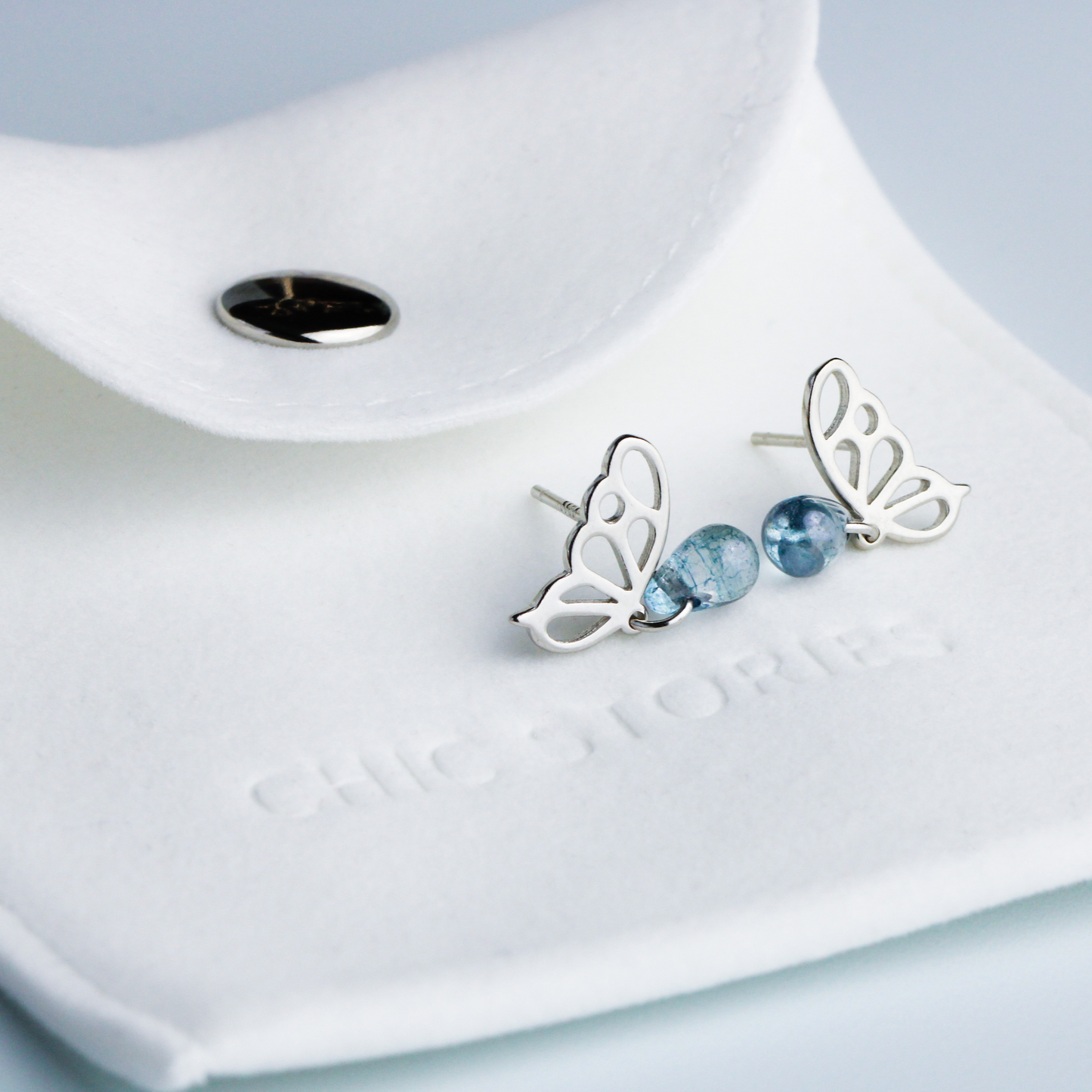 Blue Crystal Drop Butterfly Wing Stud Earrings