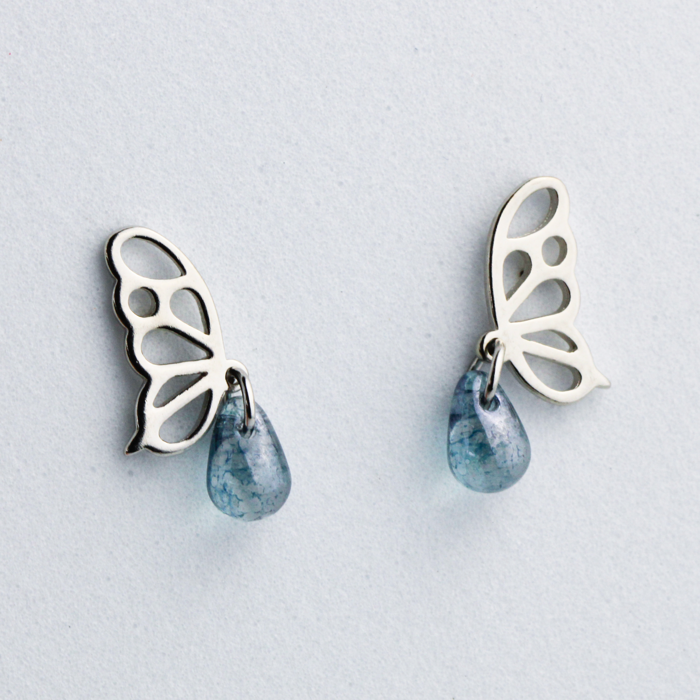 Blue Crystal Drop Butterfly Wing Stud Earrings