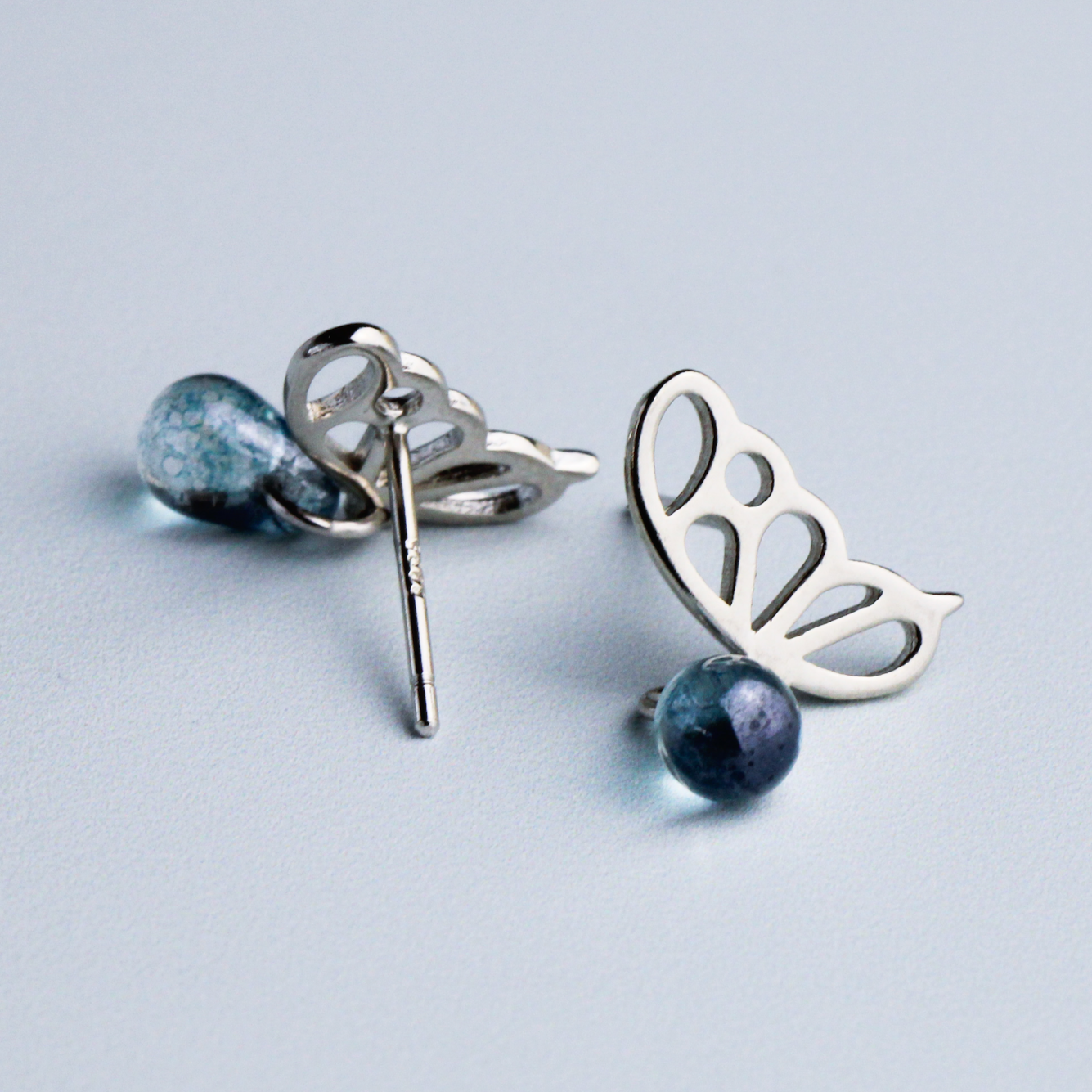 Blue Crystal Drop Butterfly Wing Stud Earrings