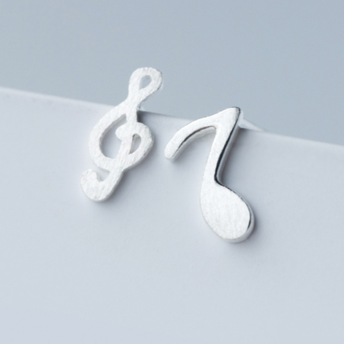 Brushed Silver Music Note Stud Earrings