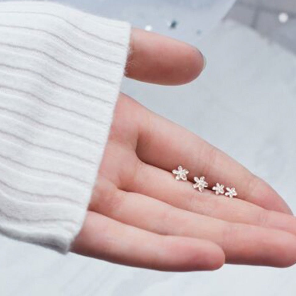 Close up of a hand holding two pairs of silver earrings. They are flower shaped studs in two size options.