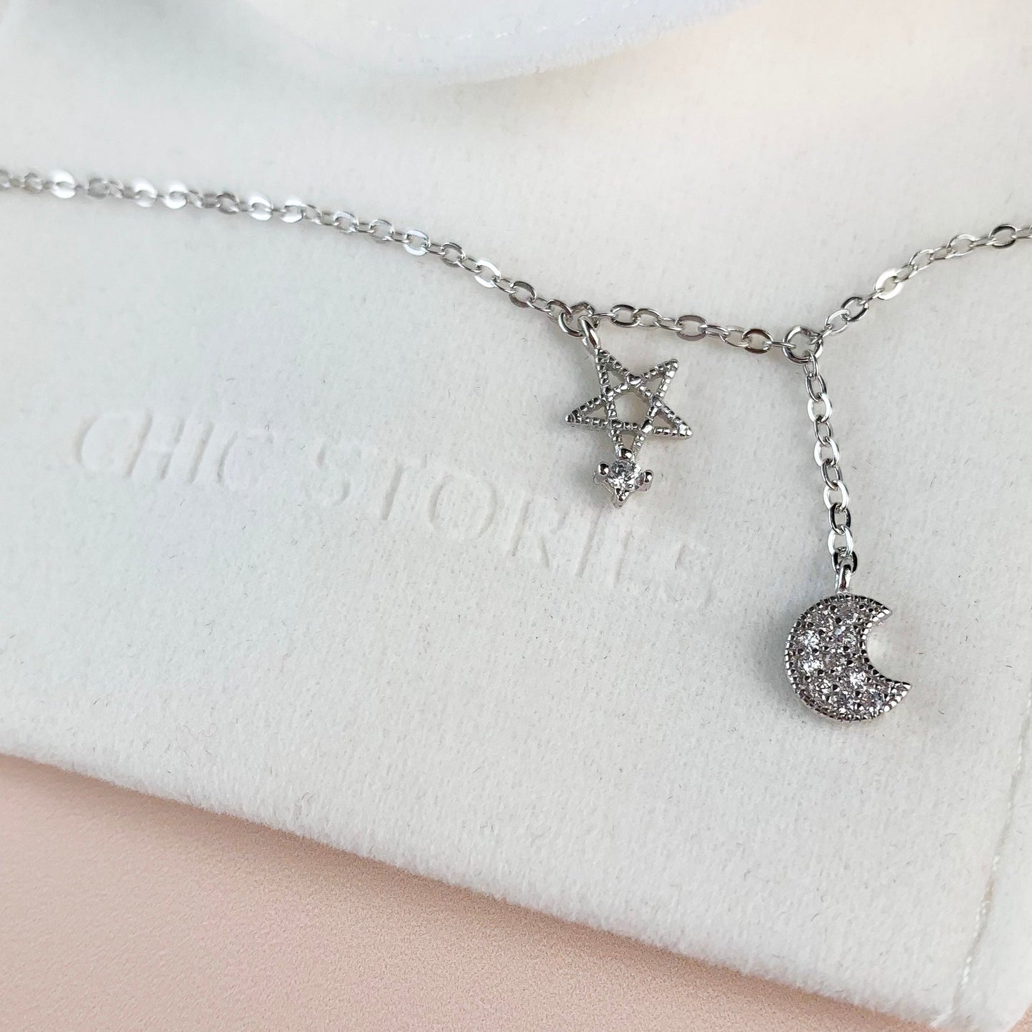 Crystal Moon and Star Pendant Necklace