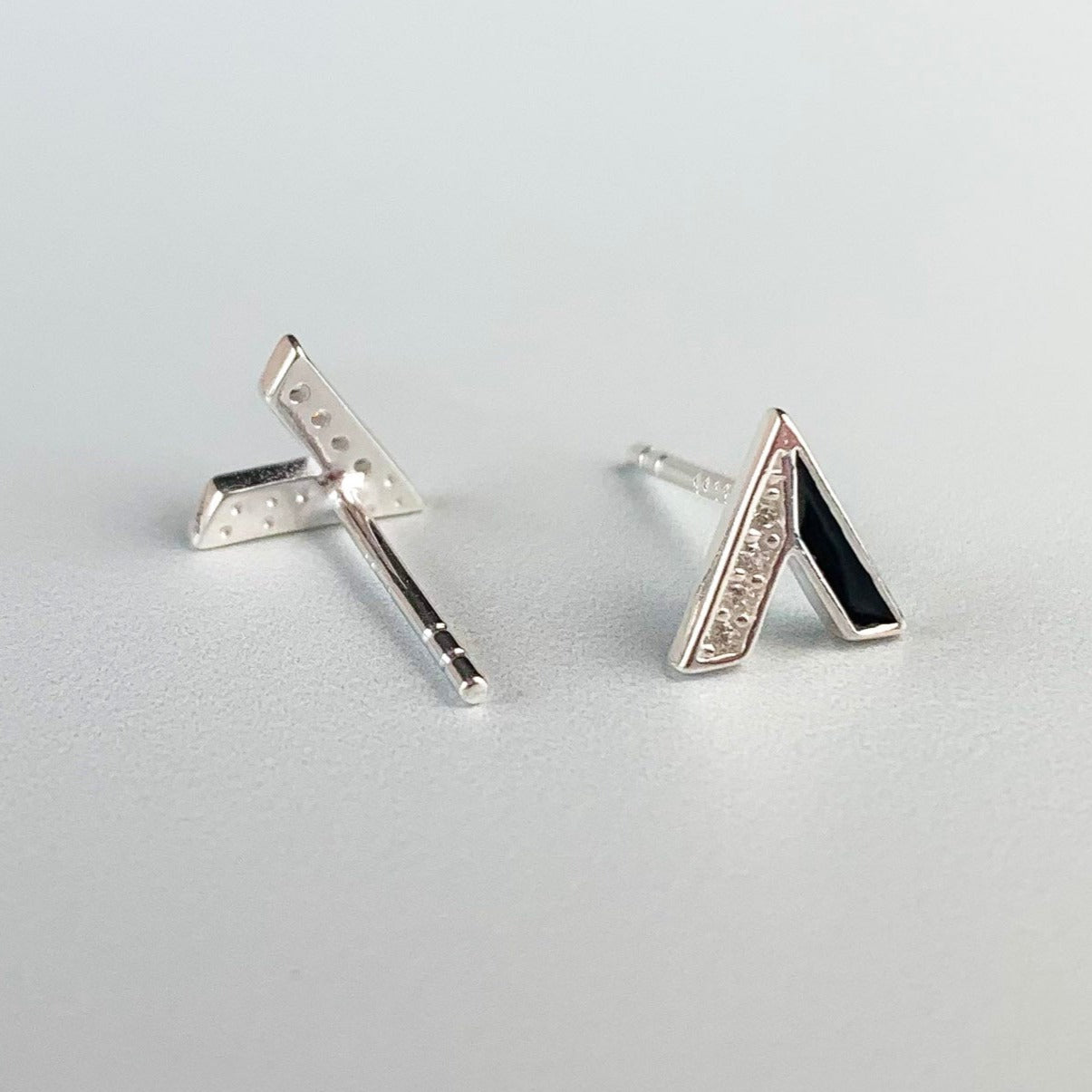 Black and Silver V Shape Stud Earrings