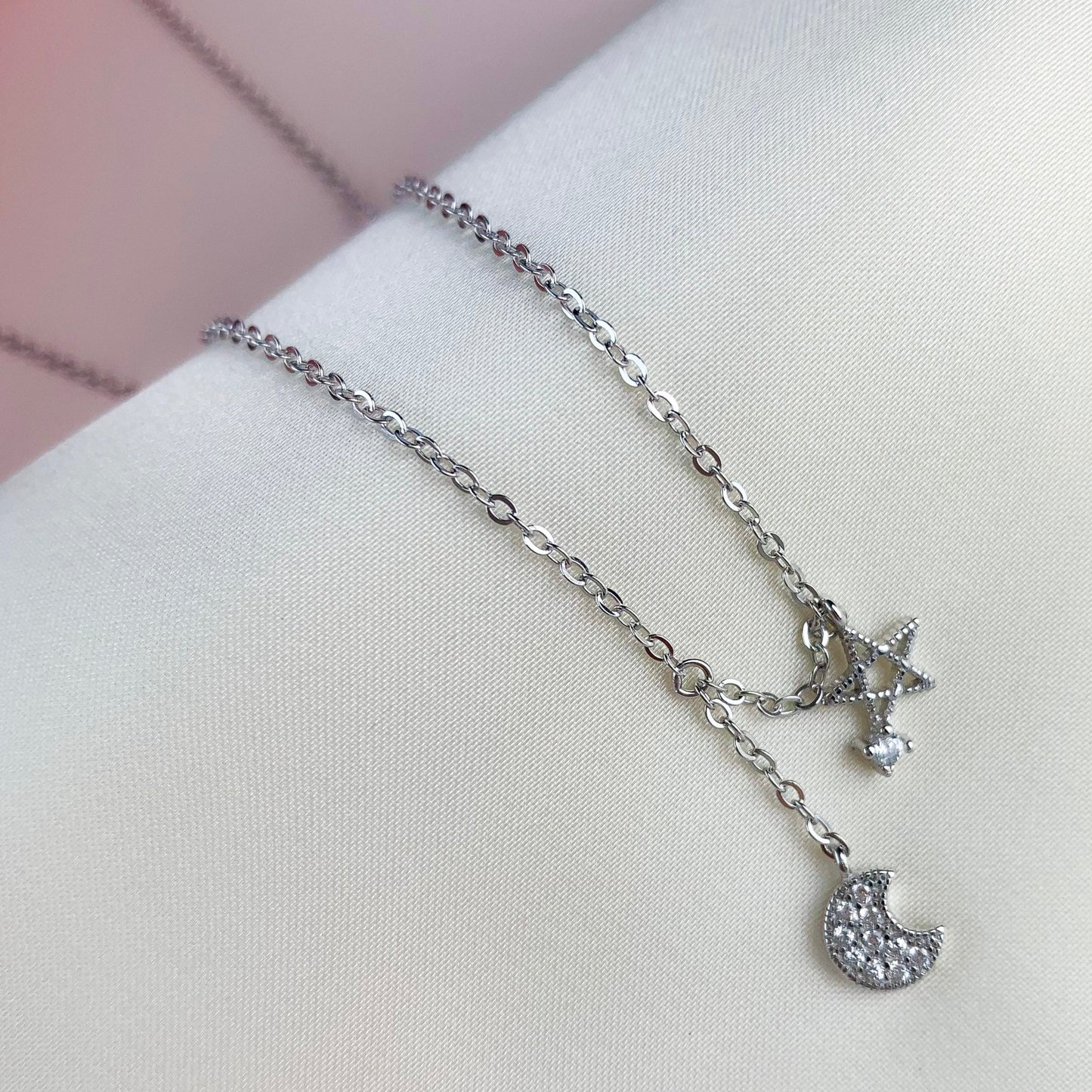 Crystal Moon and Star Pendant Necklace