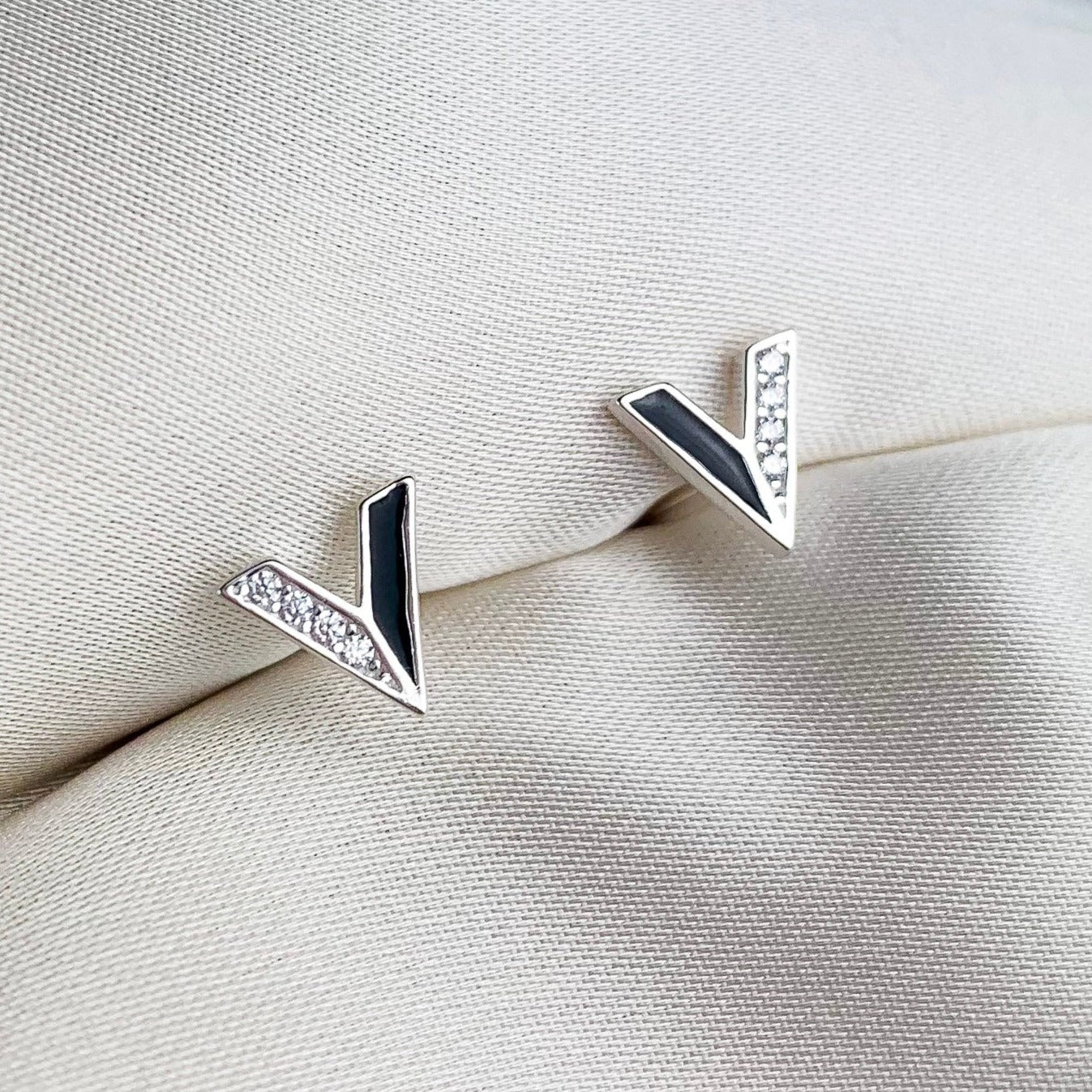 Black and Silver V Shape Stud Earrings
