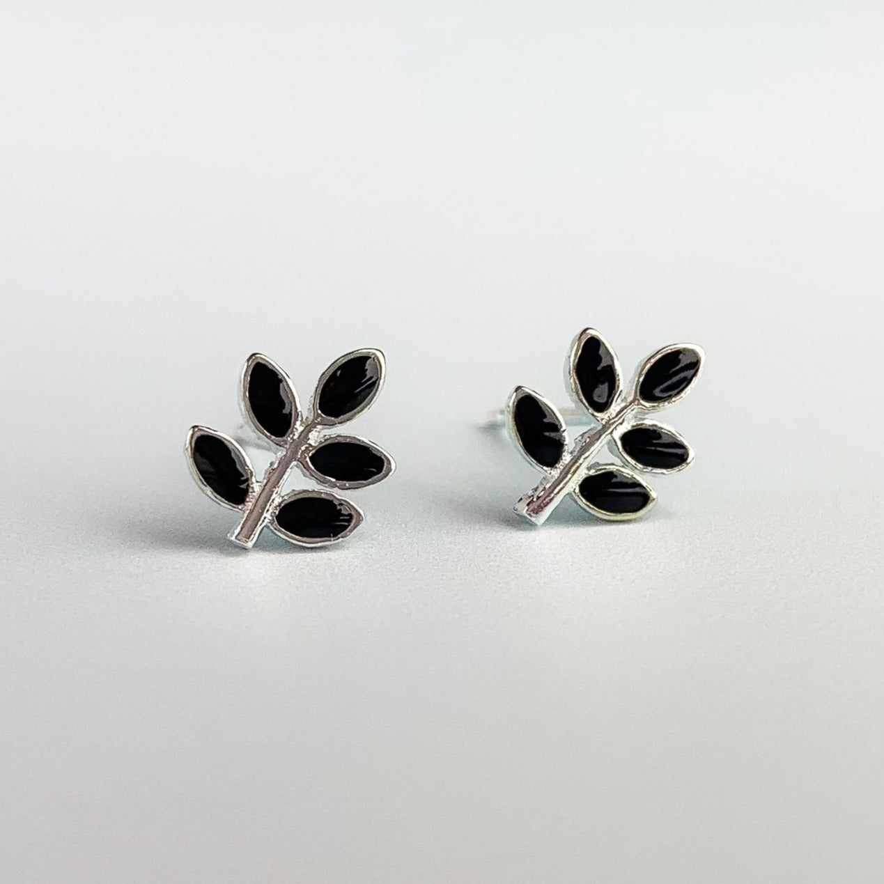 Black Leaf Branch Stud Earrings