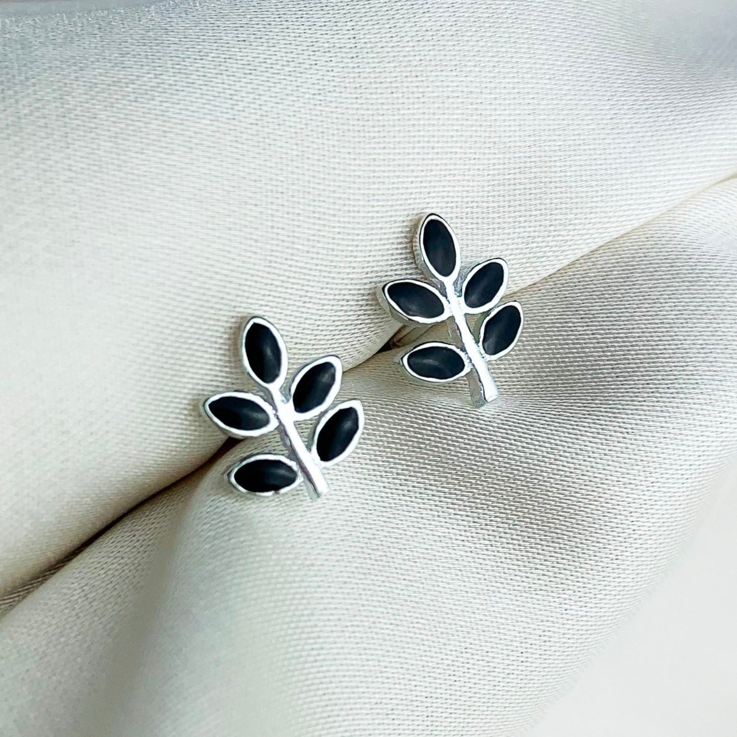 Black Leaf Branch Stud Earrings