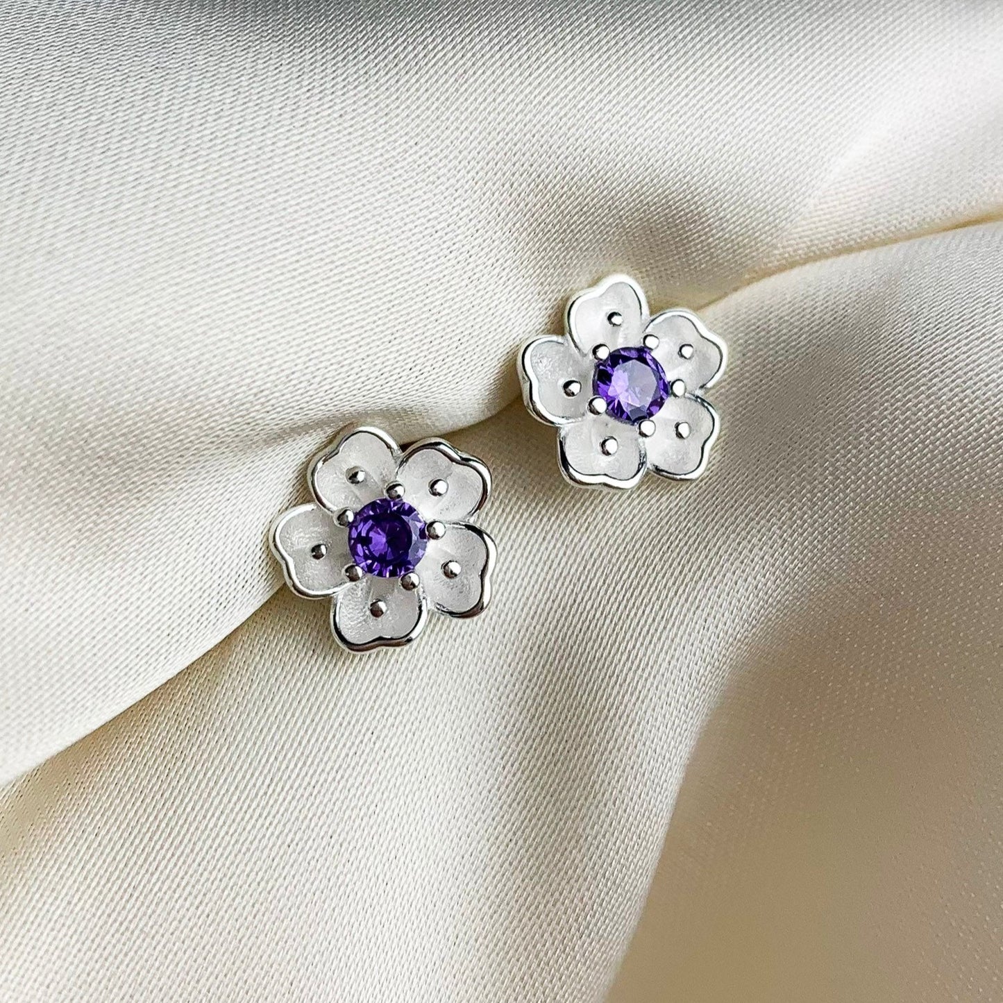 Pink, Purple and White Crystal Flower Stud Earrings