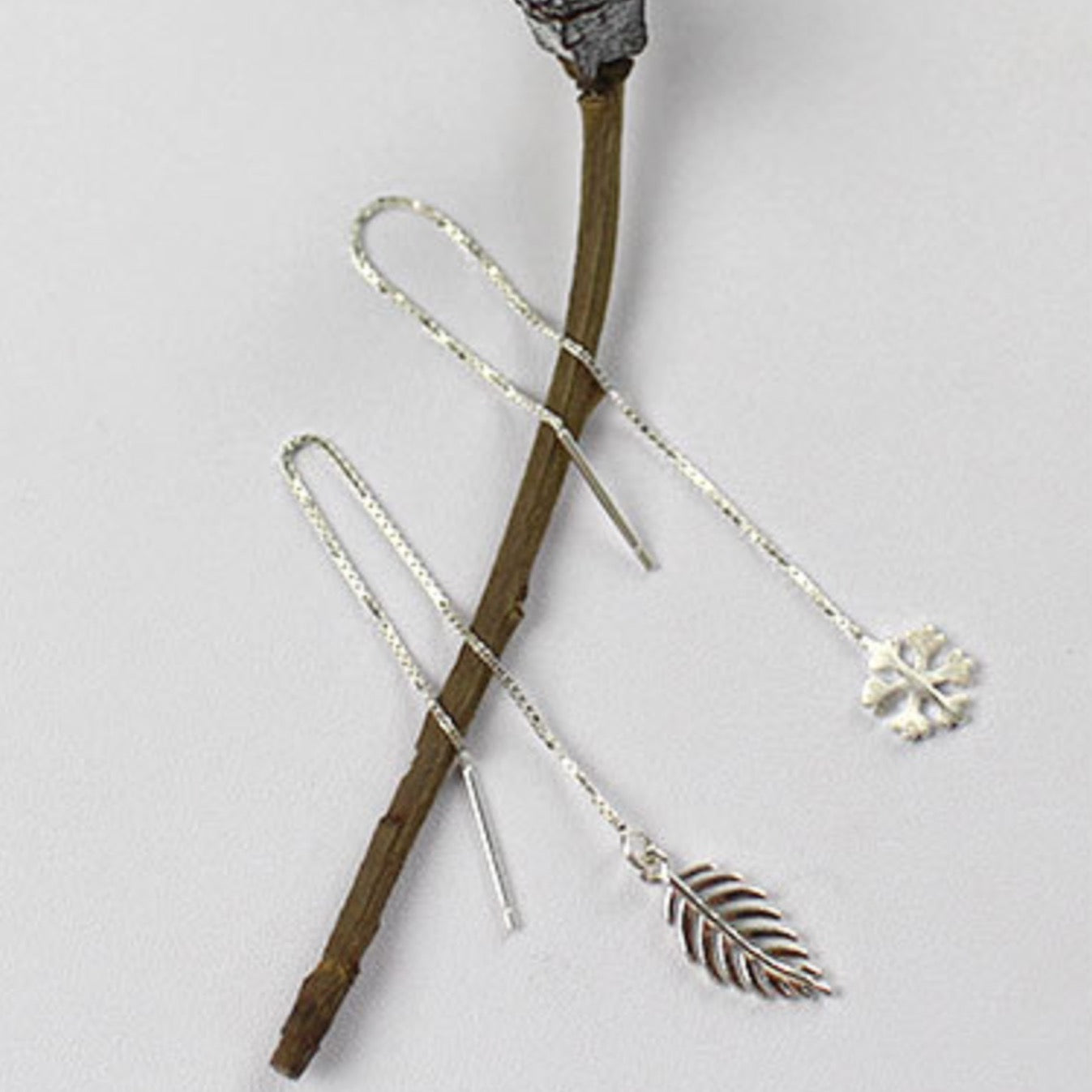 Leaf, Feather and Snowflake Threader Earrings