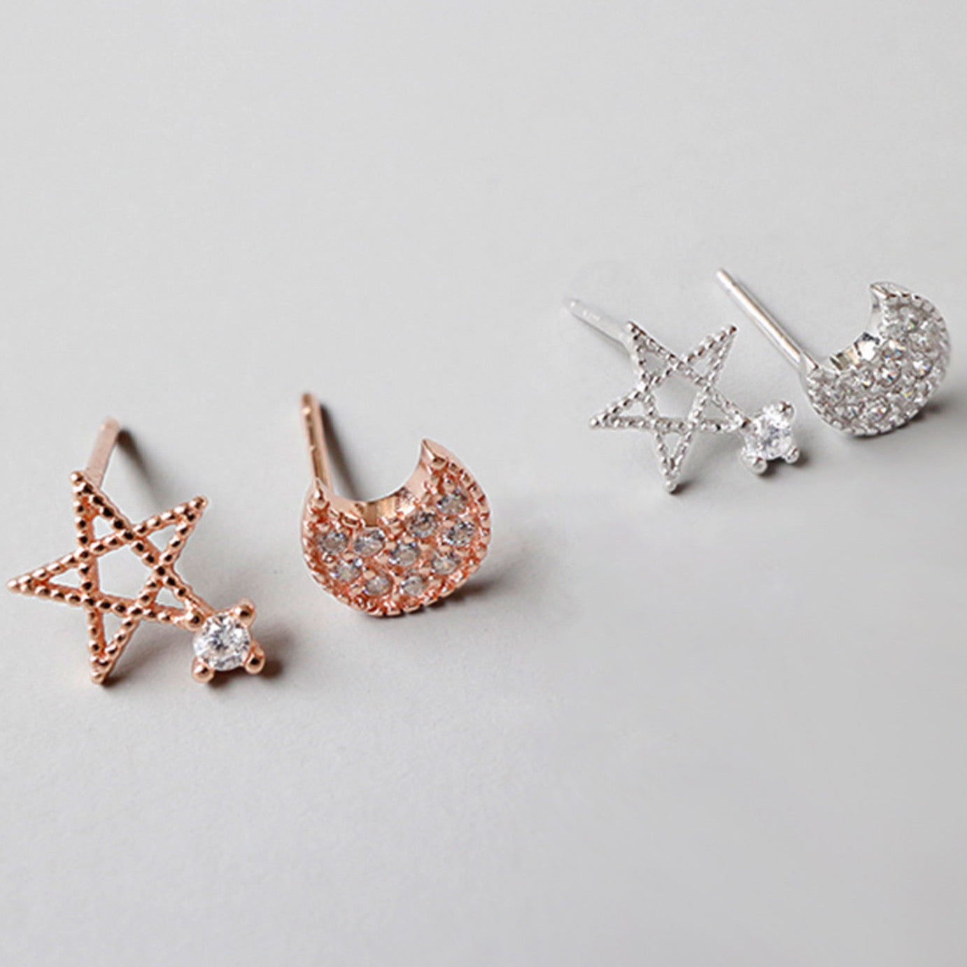 Crystal Star and Moon Asymmetrical Stud Earrings