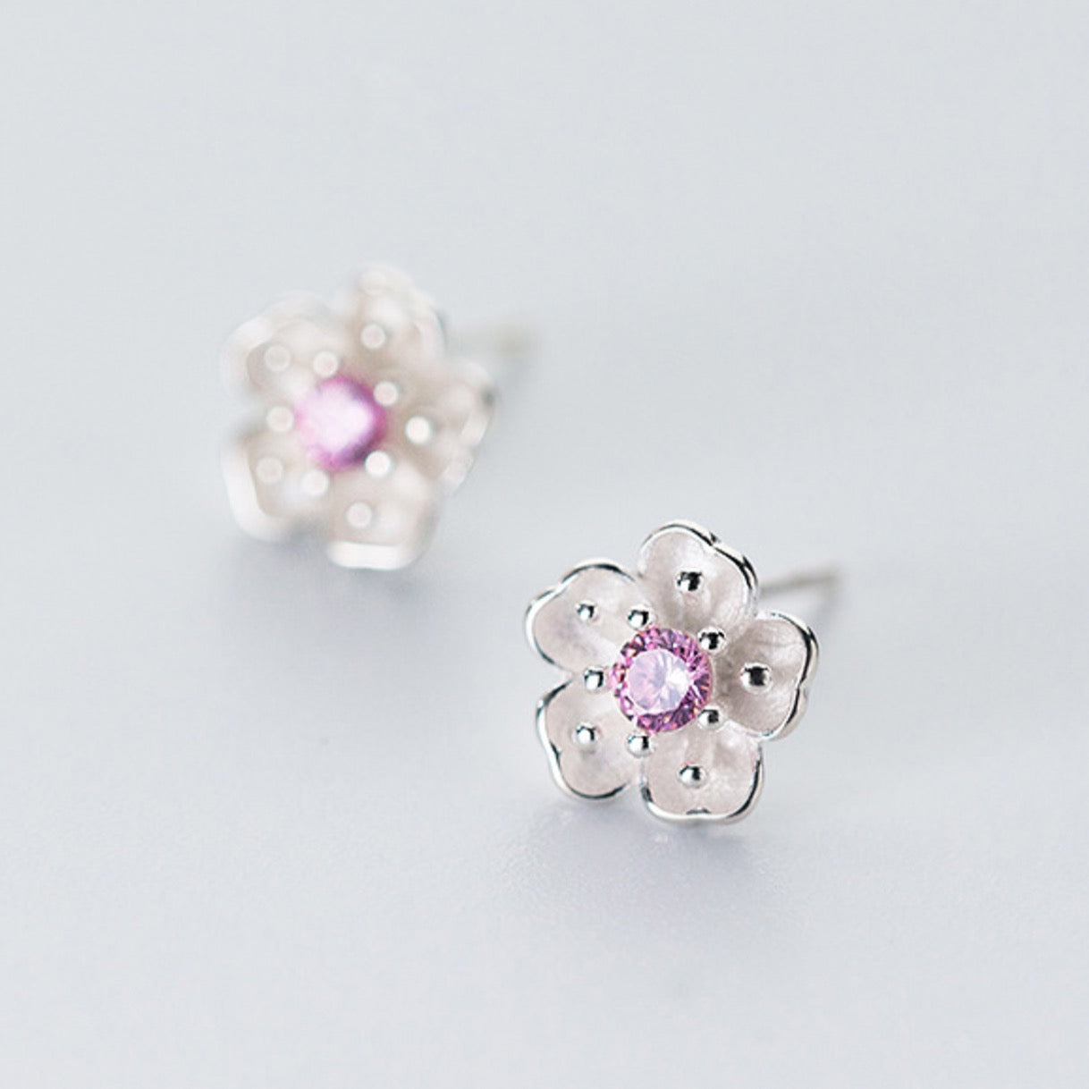 Pink, Purple and White Crystal Flower Stud Earrings