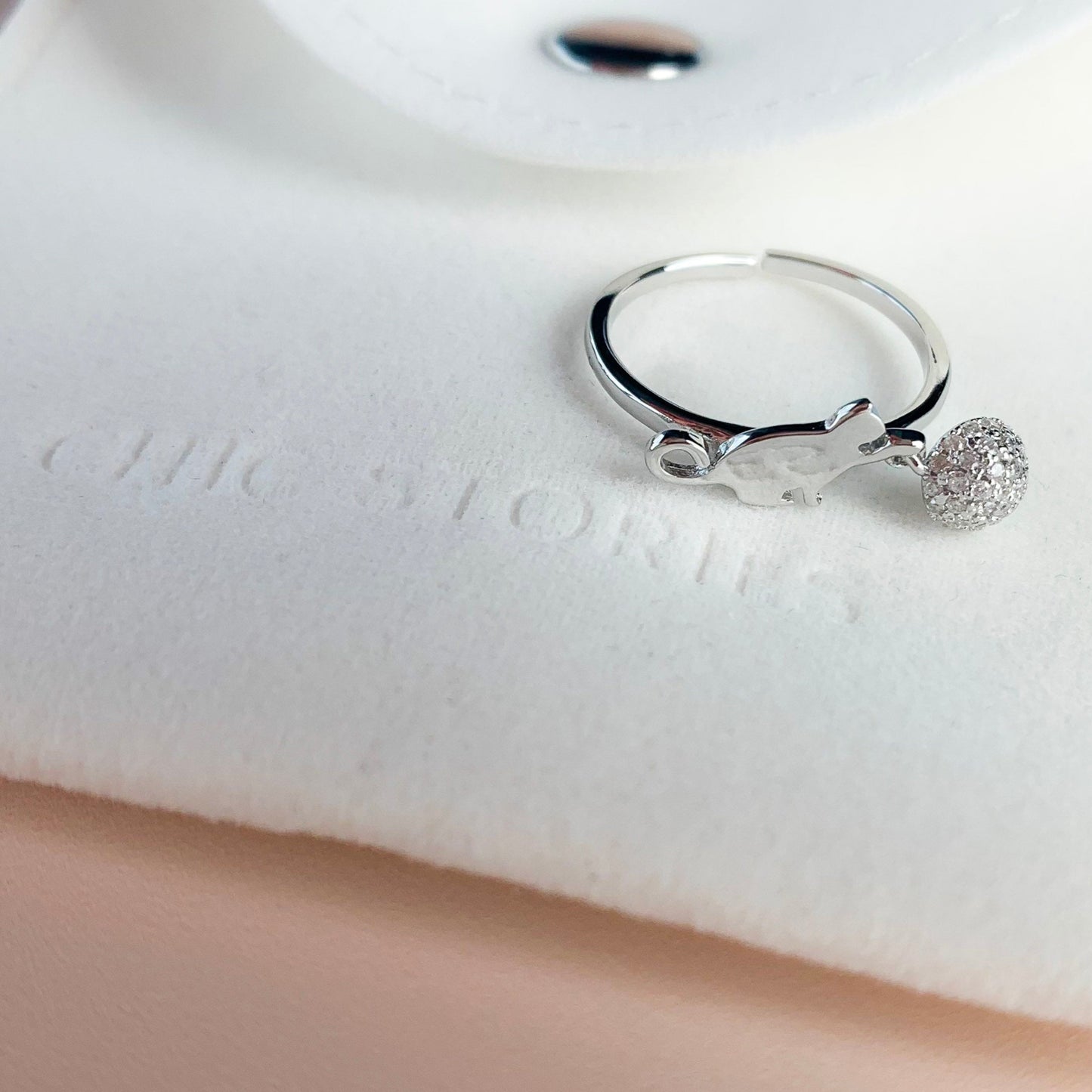 Playing Cat Ring With Hanging Ball Charm