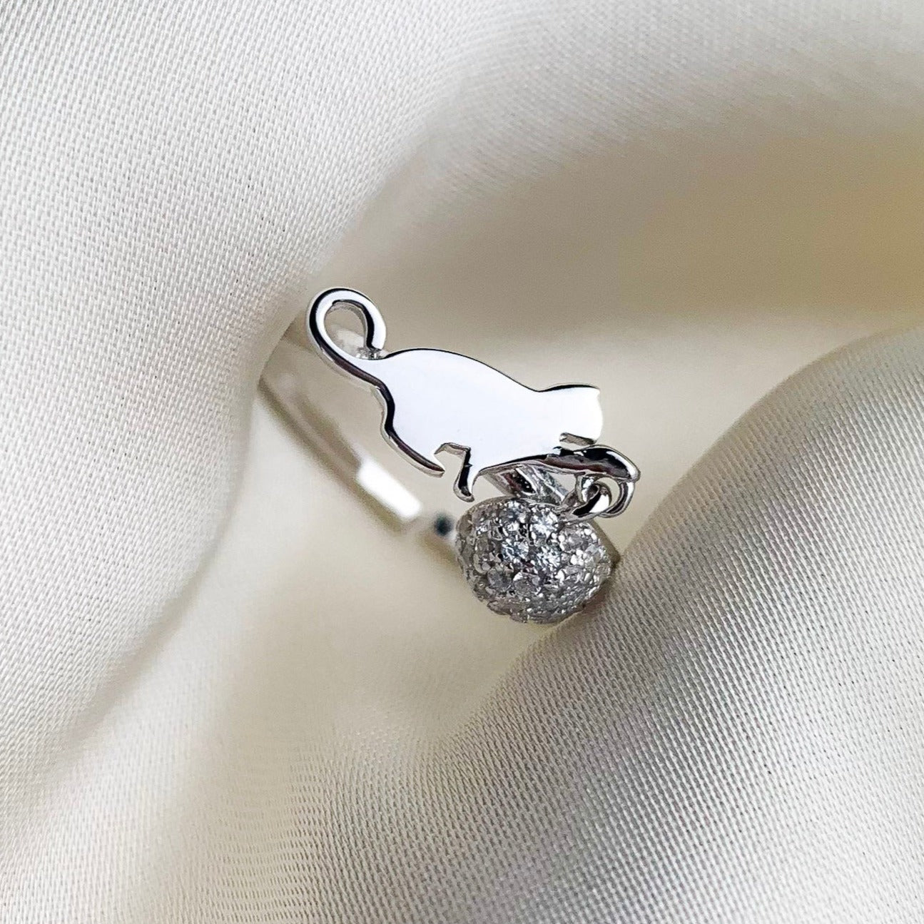 Playing Cat Ring With Hanging Ball Charm